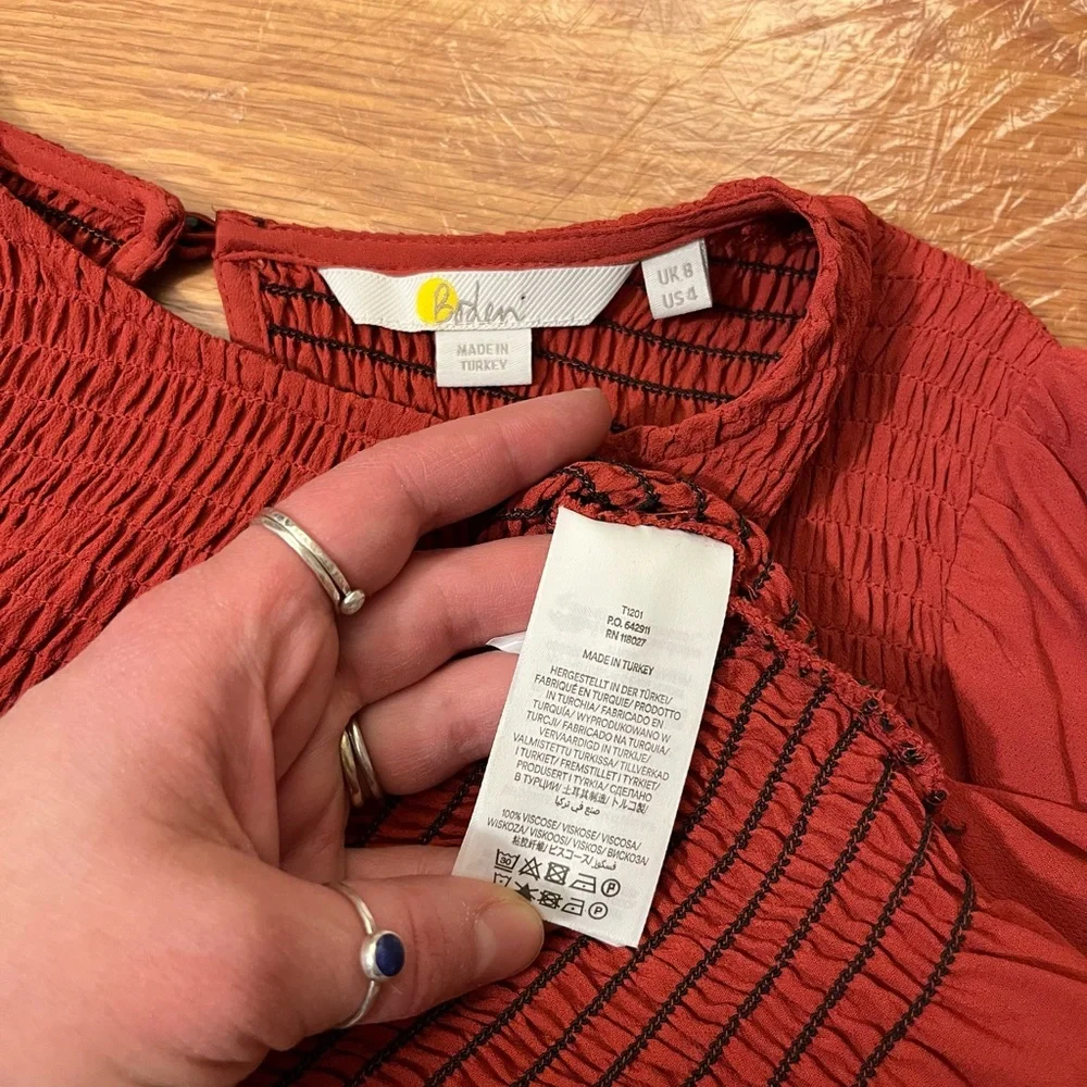 Boden Red Smocked Peplum Long-Sleeve Blouse